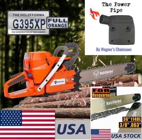 93.6cc Holzfforma® G395XP Gasoline ChainSaw Power Head Full Orange 56mm Bore With 36 inch Guide Bar and Chain and WAGNERS POWER PIPE included Top Quality By Farmertec All parts are For Husqvarna 394 395 394XP 395XP Chainsaw