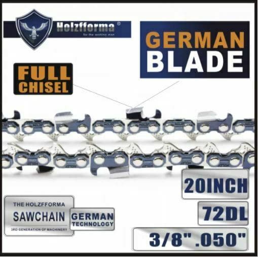 Holzfforma® 20 inch 3/8 .050 72DL Full Chisel Saw Chain German Blade For Many Ch